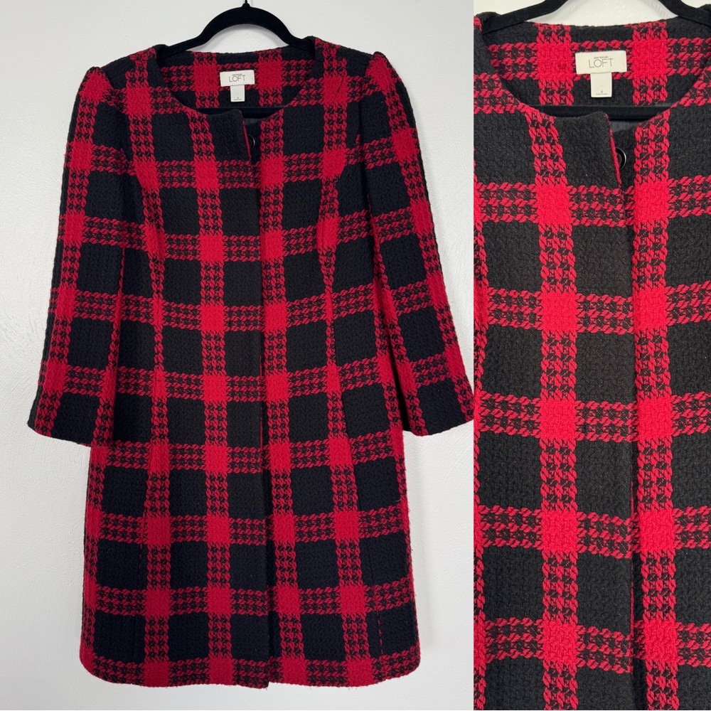 Loft Ann Taylor Coat‎ Women Size 6 Red Plaid Overcoat Button Holiday Classic